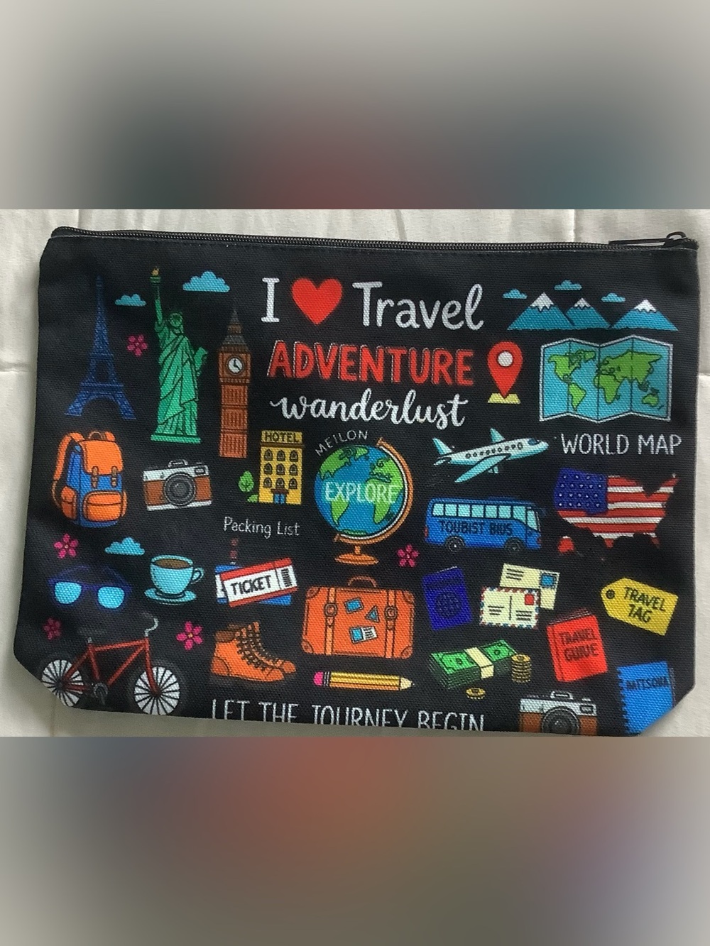 Travel-Themed Cosmetic Pouch - Black with Multicolor Graphics
